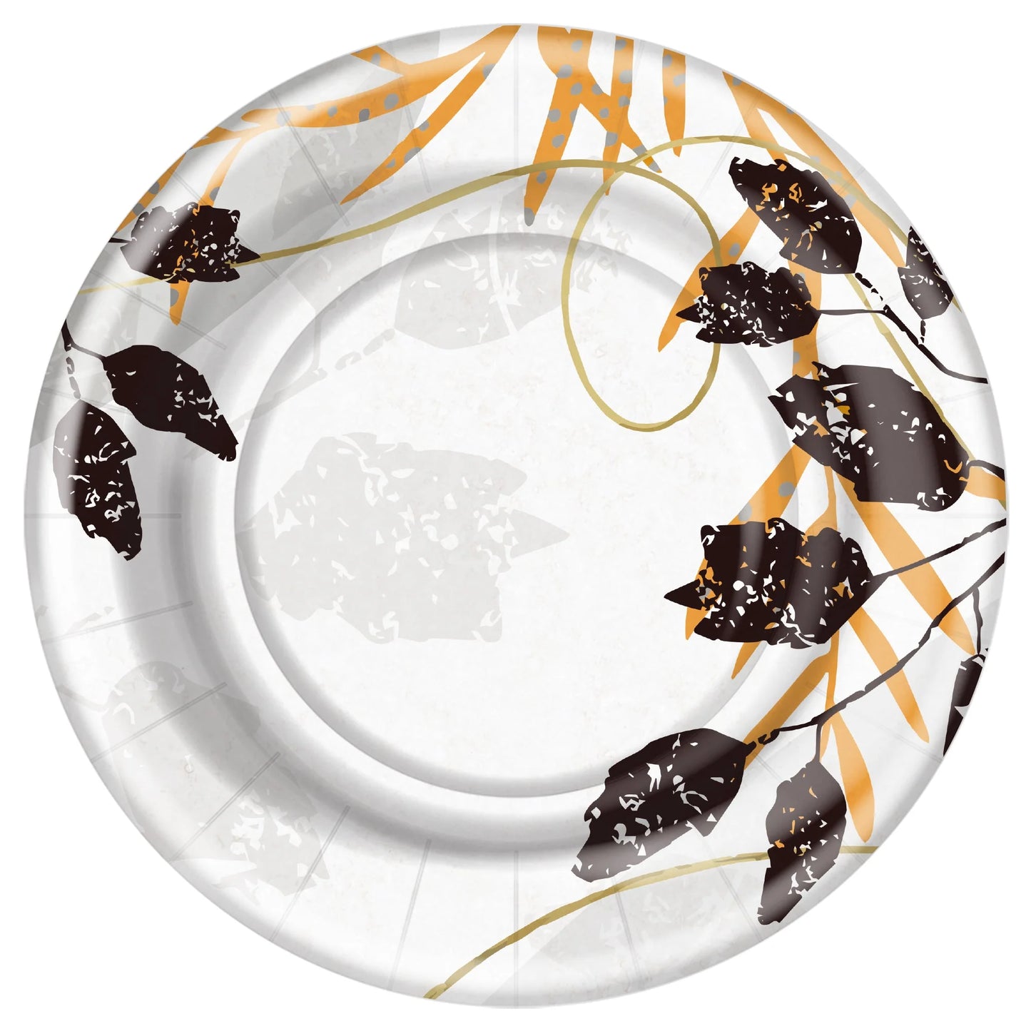 Leafy Canopy paper plates with green foliage design. Sturdy and disposable, perfect for weddings, garden parties, and eco-friendly events. Available in 8.5-inch size.