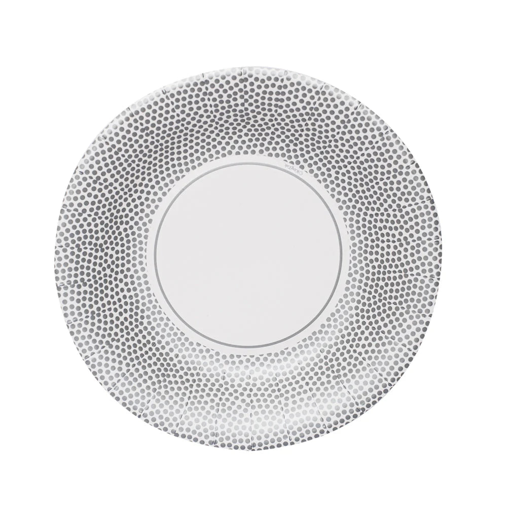 Silver Dots Paper Plate – Premium disposable party plates in 8.5-inch and 10.5-inch sizes, featuring a stylish silver dot design for weddings, birthdays, and elegant events.