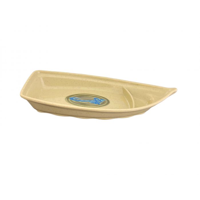Thunder Group Sushi Boat 6/Pcs is perfect for serving different types of sushi with soy sauce and wasabi simultaneously. This ceramics-like small sushi boat with Asian accents will bring oriental flare to your food presentation. The WEI collection has a distinctive presentation. All Asian WEI tableware has a spotted marble-like beige color and a blue hieroglyphic pattern on a dark brown background. 