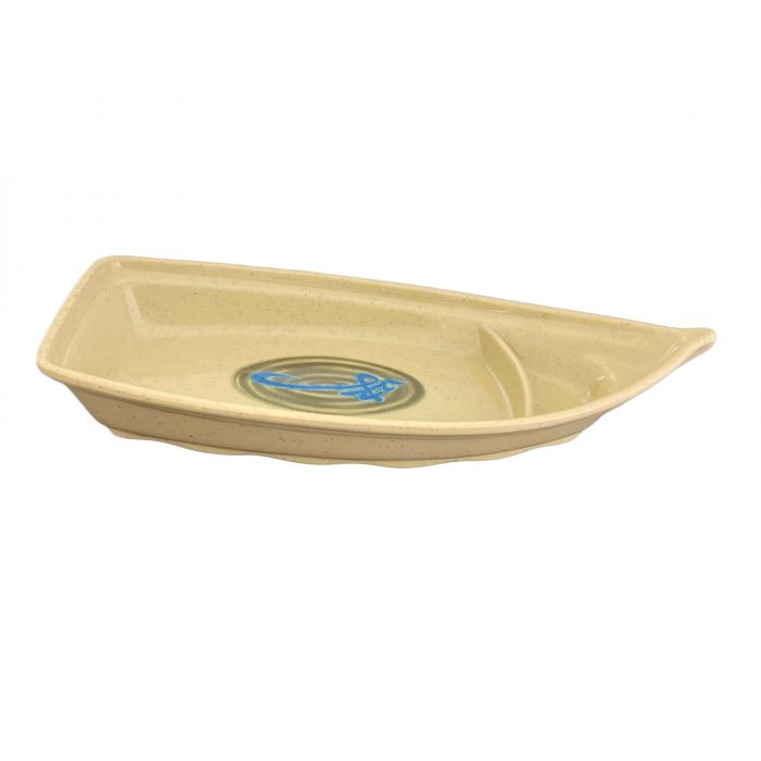 Thunder Group Sushi Boat 6/Pcs is perfect for serving different types of sushi with soy sauce and wasabi simultaneously. This ceramics-like small sushi boat with Asian accents will bring oriental flare to your food presentation. The WEI collection has a distinctive presentation. All Asian WEI tableware has a spotted marble-like beige color and a blue hieroglyphic pattern on a dark brown background. 