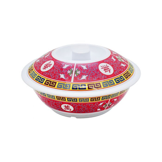 Thunder Group Serving Bowl With Lid is perfect for serving soups, salads, rice and other Asian dishes for a whole table to share. This big 75 Oz serving deep will bring oriental flare to your food presentation. Manufactured from a durable plastic material this special bowl is popular for its nearly unbreakable structure. However, with its heat resistance of up to 212°F melamine is not suitable for cooking in an oven or heating in a microwave. 