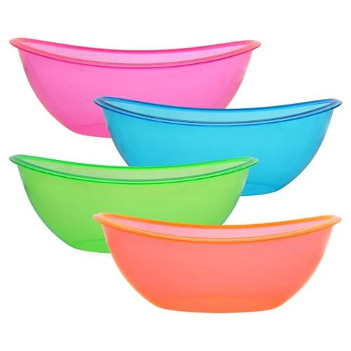 80 oz Neon Mix Oval Contour Bowl, durable plastic serving bowl for parties, buffets, and events. Vibrant colors, perfect for salads, pasta, chips, and snacks. Disposable or reusable for easy cleanup.