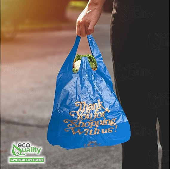Large blue plastic shopping bags with thank you design for stores