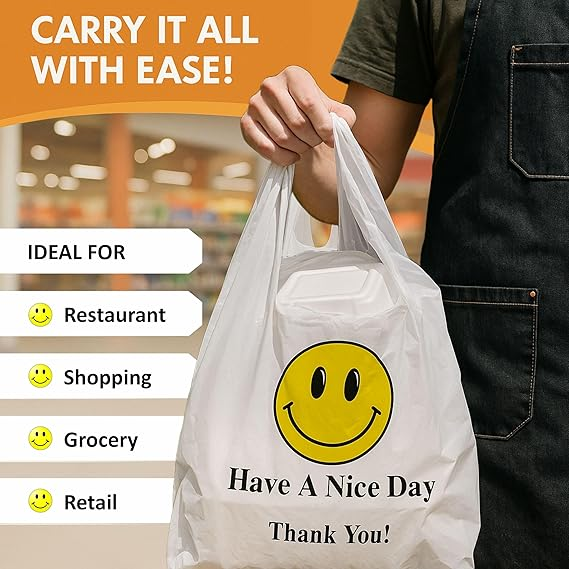 EcoQuality white smiley face plastic shopping bags medium 10x5x18
