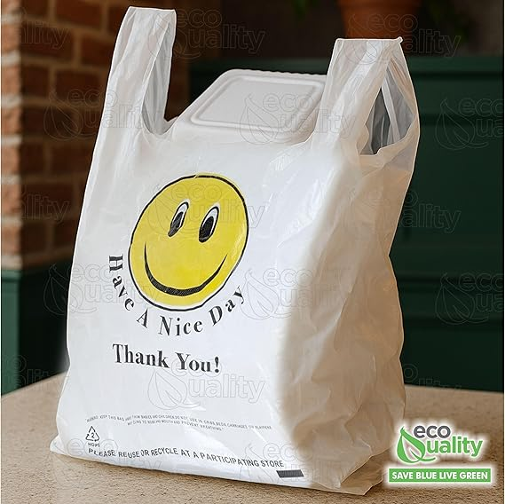 EcoQuality white smiley face plastic shopping bags medium 10x5x18