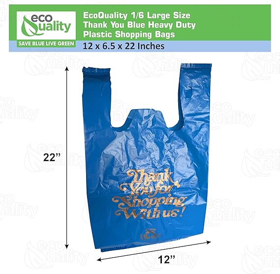 Large blue plastic shopping bags with thank you design for stores