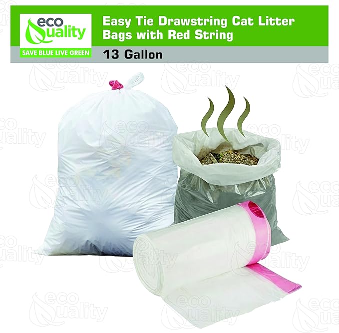13 Gallon White Cat Litter Bags with Red Easy Tie Drawstring