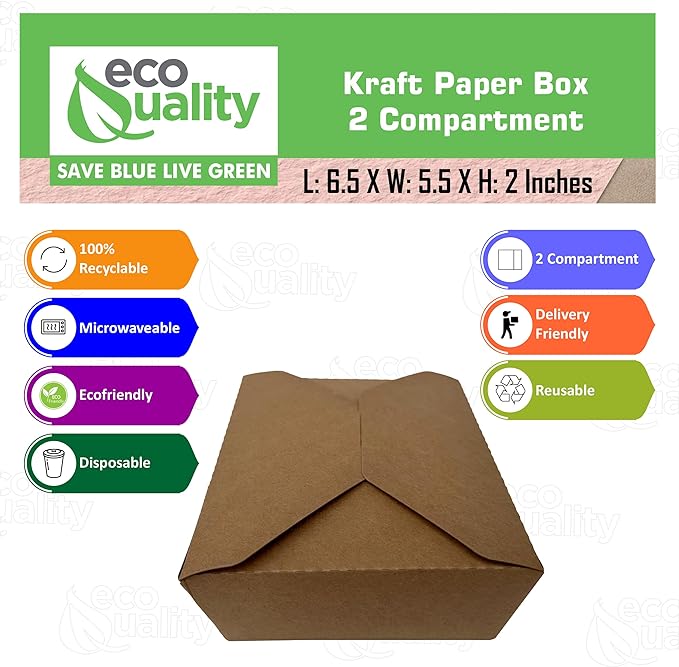 Paper Take Out no assembly container Microwave safe Leak Resistant Kraft Paperboard Food Tray Ecofriendly container Biodegradeable Compostable Food Containers kraft lunchbox folded to go box 26 ounce restaurant supplies food service supplies paper disposables heat resistant box 2 compartment 