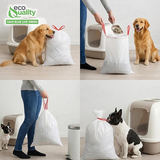 13 Gallon White Dog Litter Bags with Red Easy Tie Drawstring