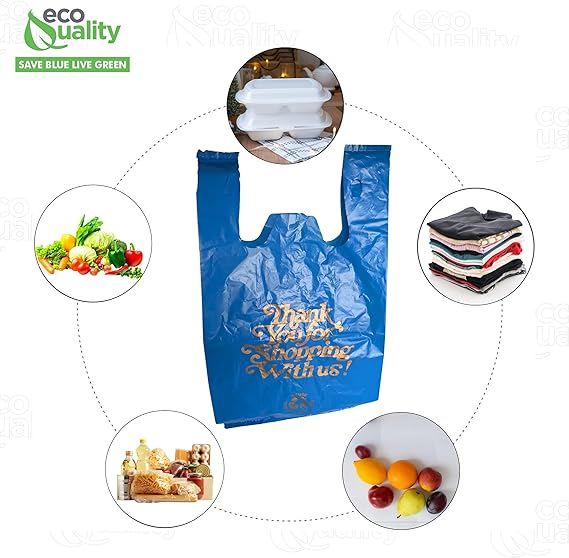 Large blue plastic shopping bags with thank you design for stores