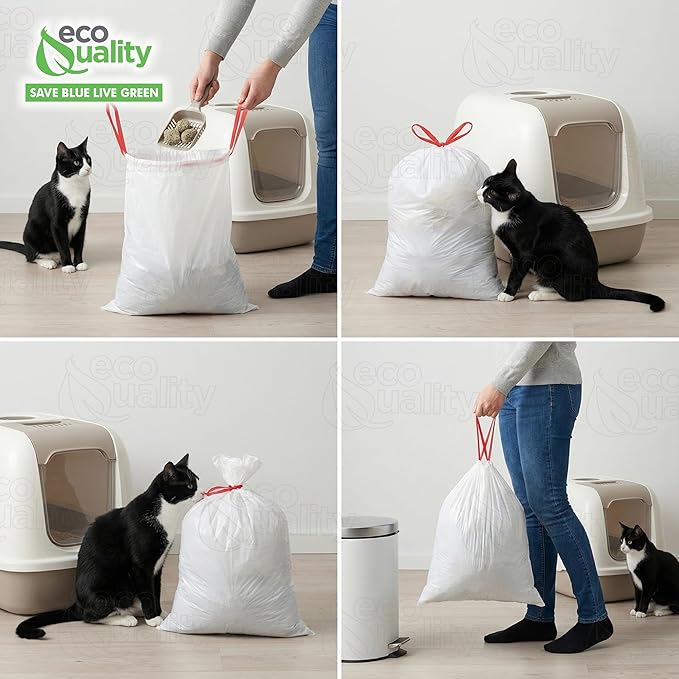 13 Gallon White Cat Litter Bags with Red Easy Tie Drawstring