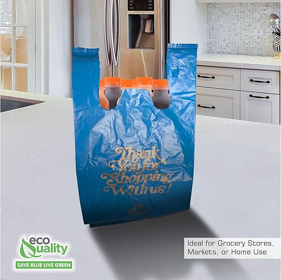 Large blue plastic shopping bags with thank you design for stores