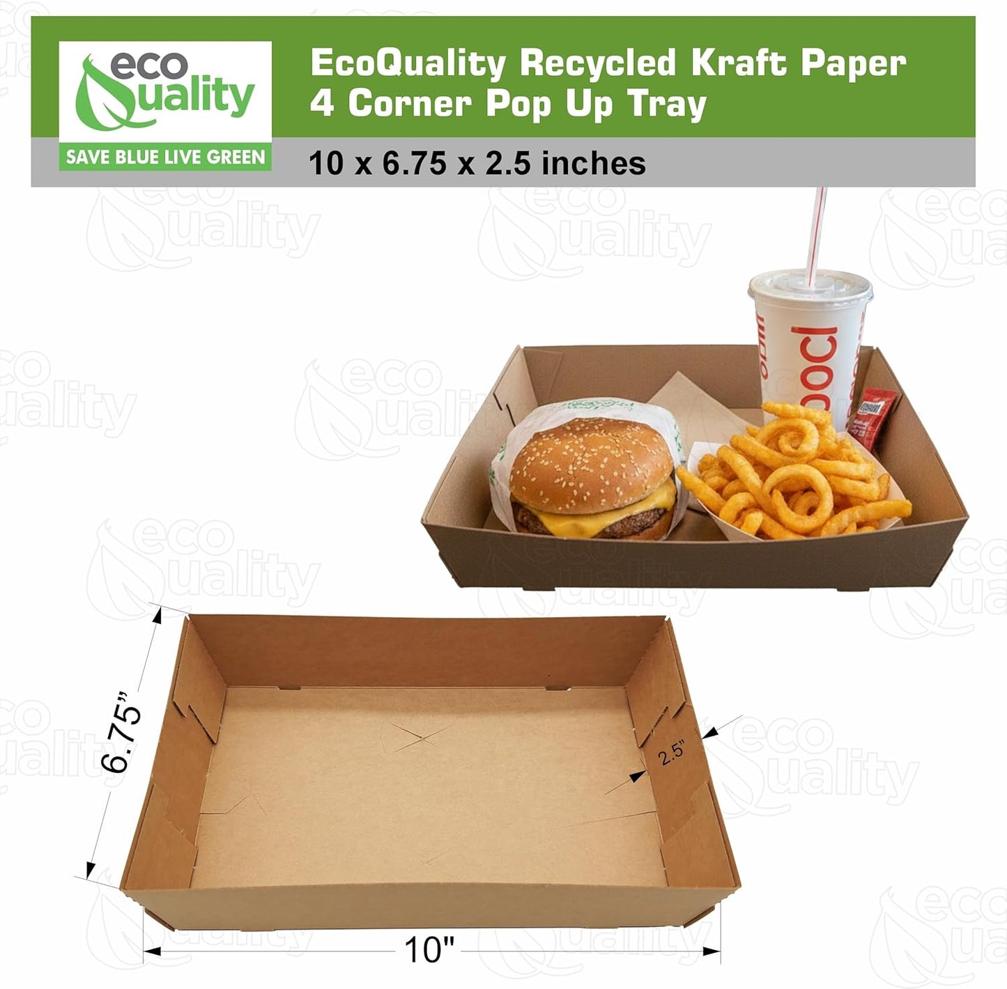 10 x 6.75 x 2.5 Inches Recycled Kraft Paper 4 Corner Pop Up Stadium Tray