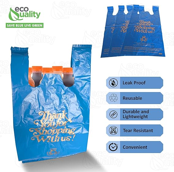 Large blue plastic shopping bags with thank you design for stores