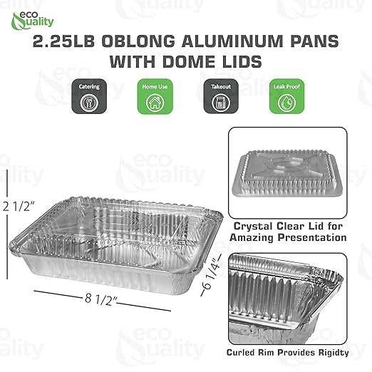 2.5lb Disposable Takeout Oblong Aluminum Foil Shallow Baking Pans with Dome Lids