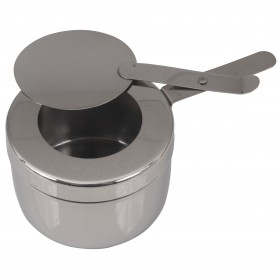 stainless steel fuel holder with cover stanton trading designed to fit all chafer frames, ensuring safe and efficient heating. Its durable construction and secure lid provide stability and ease of use in buffet or catering setups.