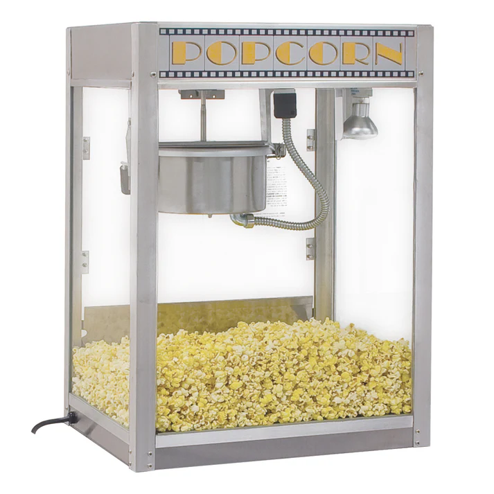 (8oz 14oz) Benchmark Silver Screen Popcorn Machine 1/Pack "Silver Screen" is simple in looking and is technically savvy. A separate cabinet thermostat and temperature indicator accurately controls the heat, ensuring that your popcorn is always at the perfect serving temperature.