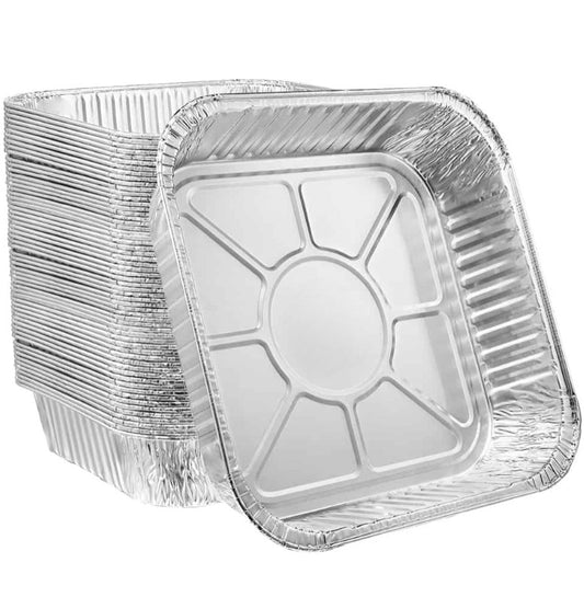 8" square aluminum pan with foil lid for baking, cooking, and storage. Available in round and large square. Durable, disposable, oven-safe, and recyclable. Ideal for catering, takeout, and meal prep.