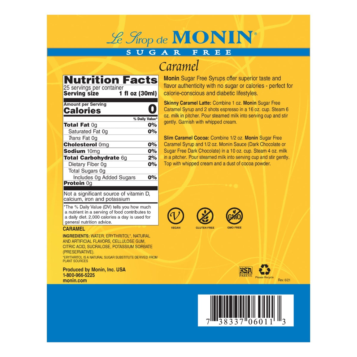 Monin Sugar Free Caramel Syrup 750 mL Bottle additional product image