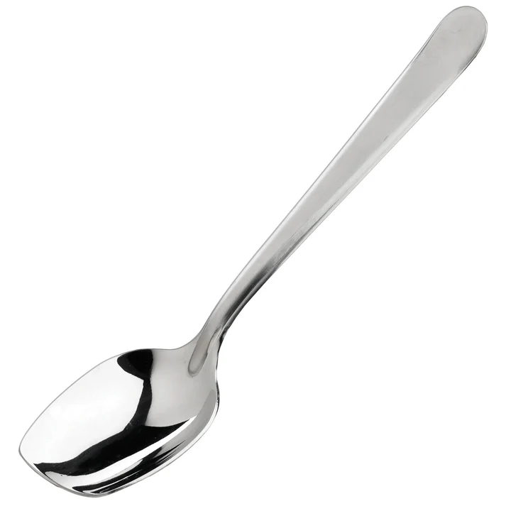 (10", 8") Slanted Plating Spoon 6/Pack maintain excellent control in creating stylish presentations with these flat-front plating spoons, available w/ either a solid or perforated spoon bowl.