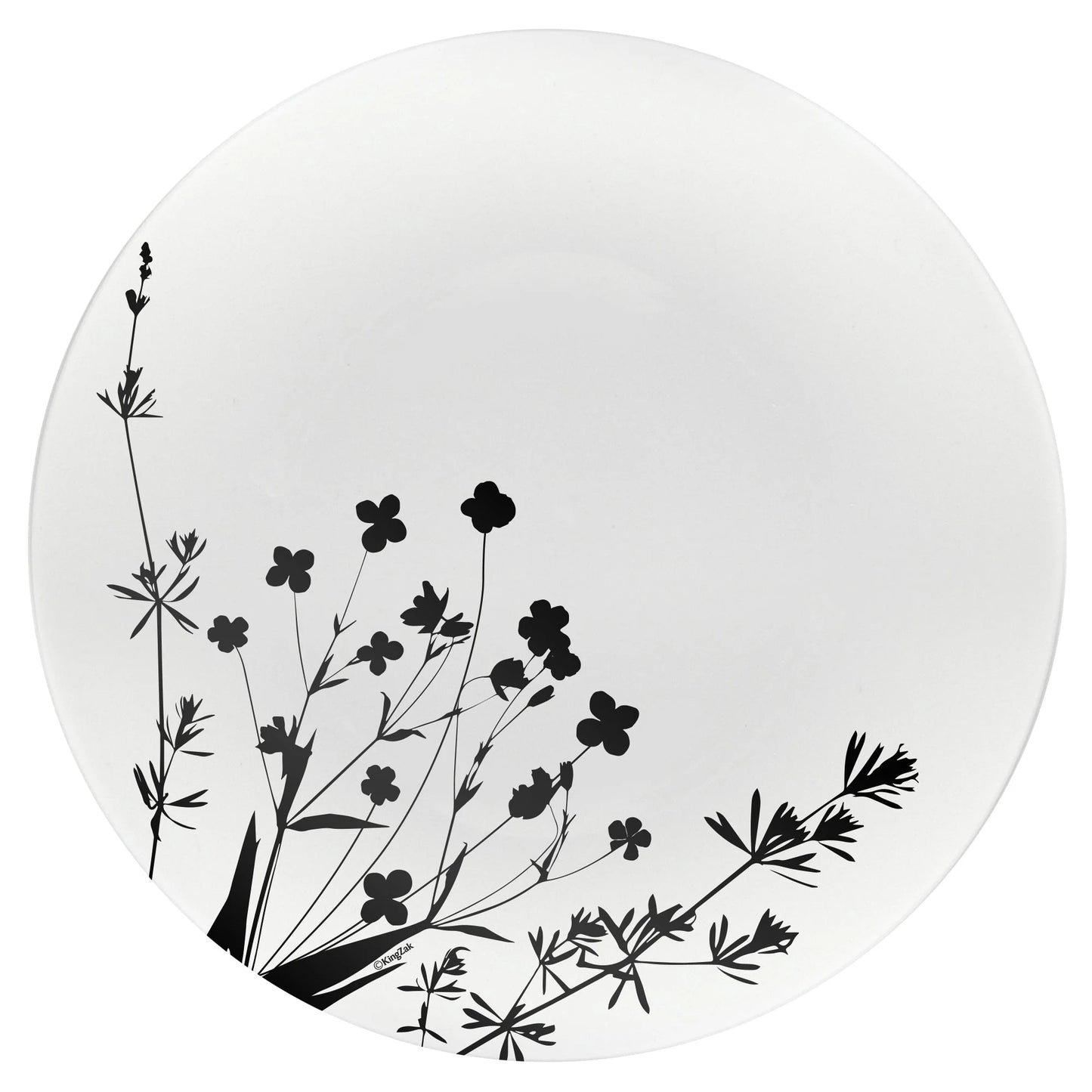 Wildflower Black on White Plate with floral black accents, available in 8-inch and 10.5-inch sizes, perfect for weddings, formal events, and stylish dining setups