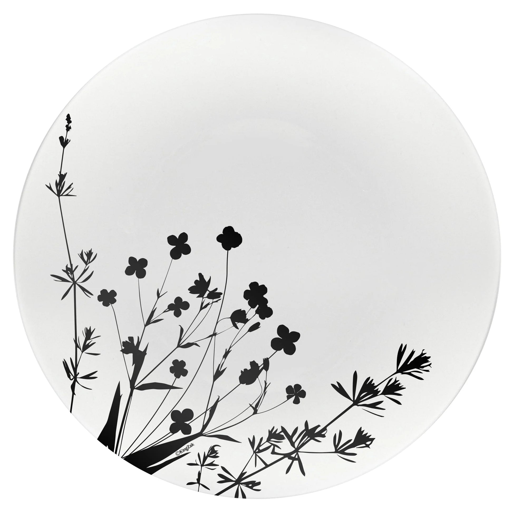 Wildflower Black on White Plate with floral black accents, available in 8-inch and 10.5-inch sizes, perfect for weddings, formal events, and stylish dining setups