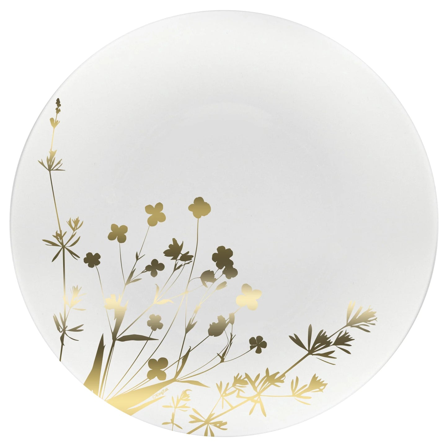 Wildflower Gold on White Plate featuring elegant floral patterns and gold accents, available in 8-inch and 10.5-inch sizes for weddings and upscale events