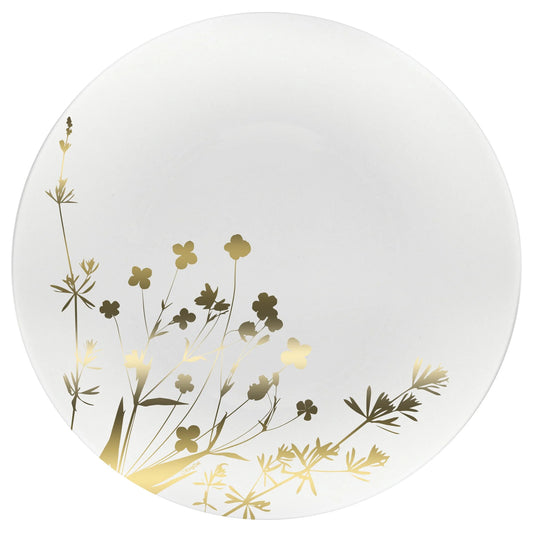 Wildflower Gold on White Plate featuring elegant floral patterns and gold accents, available in 8-inch and 10.5-inch sizes for weddings and upscale events