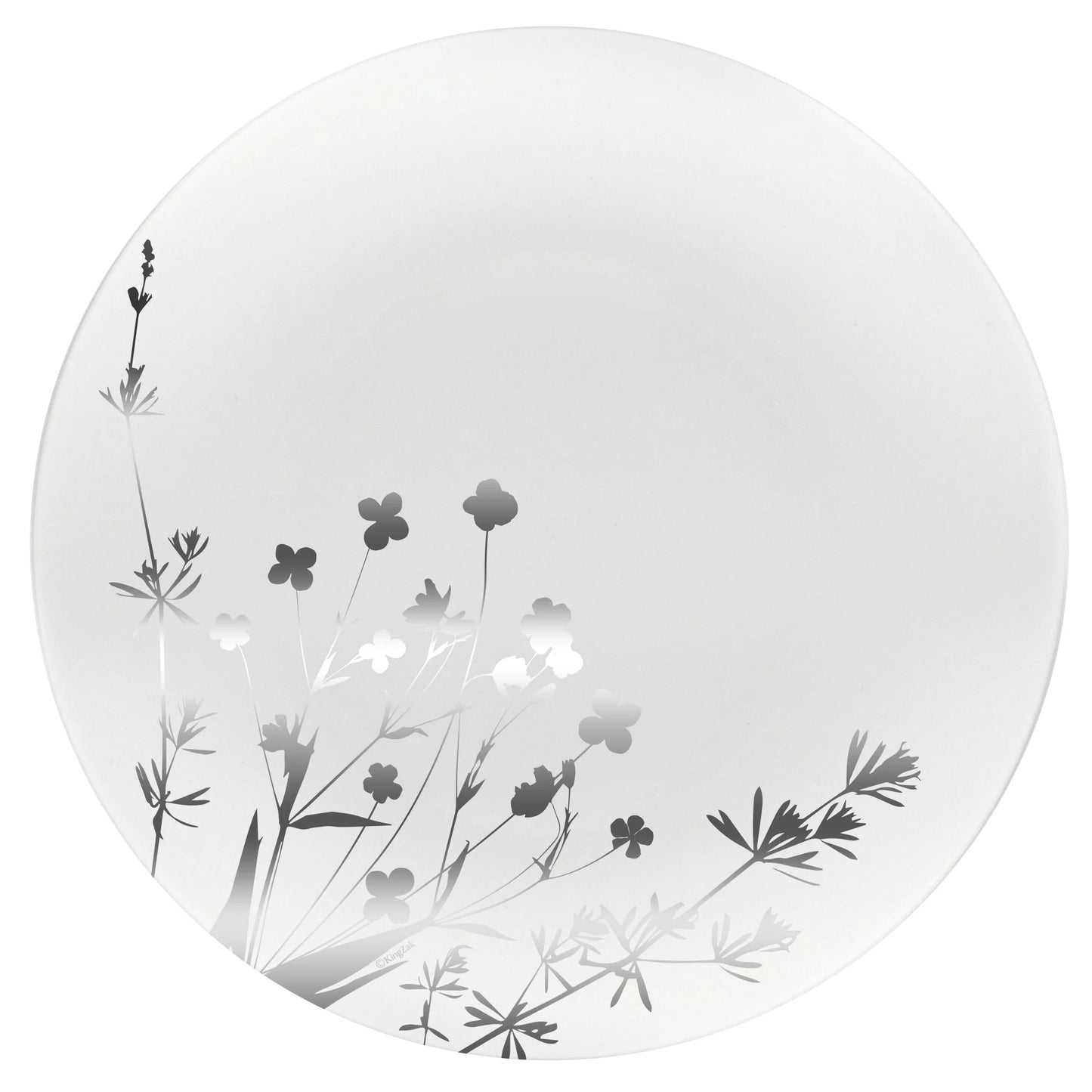 Wildflower Silver on White Plate, elegant floral design with silver accents, available in 8-inch and 10.5-inch sizes, perfect for weddings, events, and upscale dining