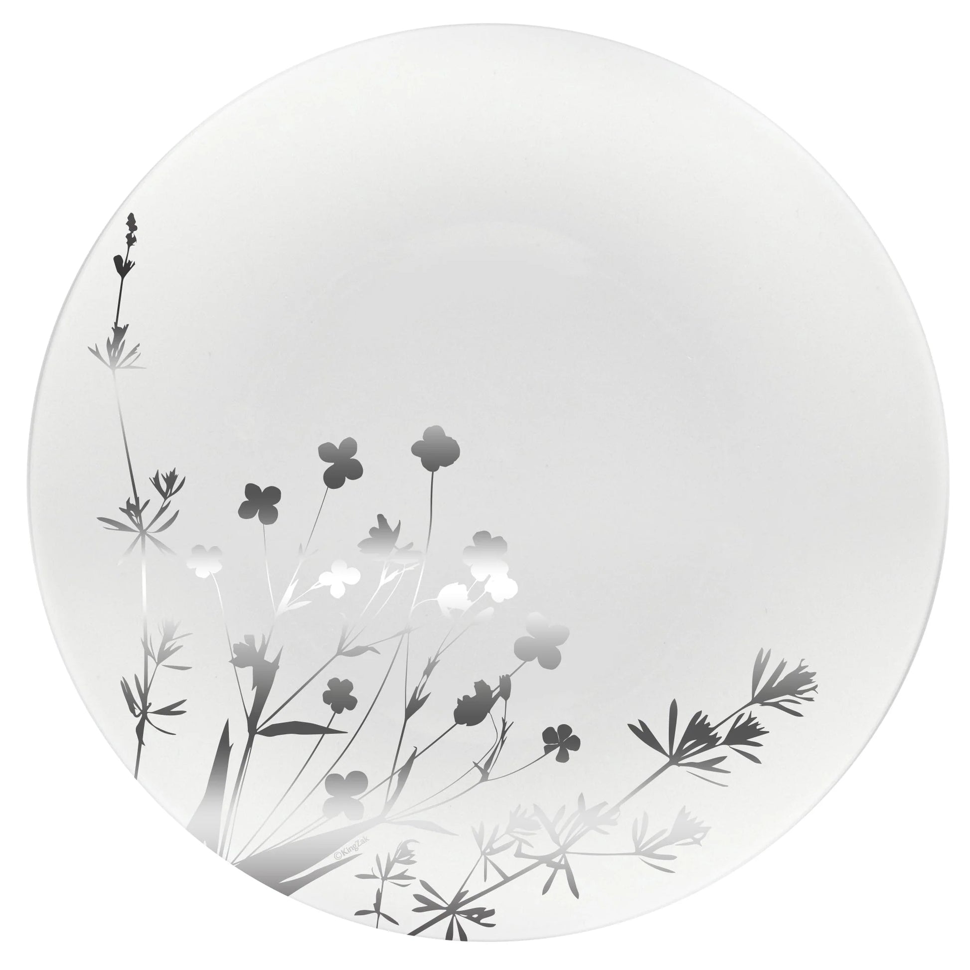 Wildflower Silver on White Plate, elegant floral design with silver accents, available in 8-inch and 10.5-inch sizes, perfect for weddings, events, and upscale dining