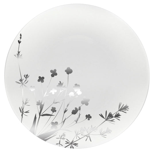 Wildflower Silver on White Plate, elegant floral design with silver accents, available in 8-inch and 10.5-inch sizes, perfect for weddings, events, and upscale dining