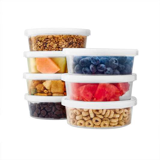 8oz deli container with lid. BPA-free, microwave-safe, freezer-friendly, and leak-proof. Ideal for meal prep, takeout, catering, and food storage. Stackable and durable for convenience.