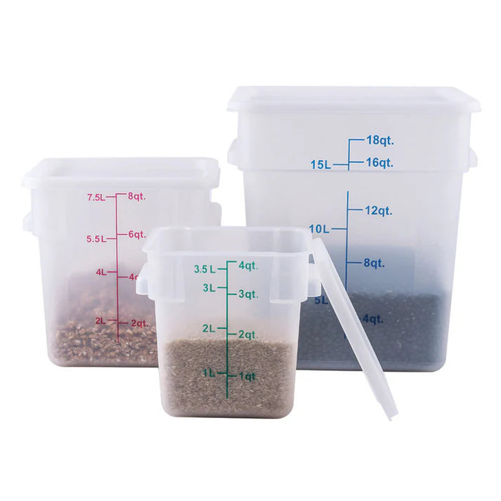 Square Storage Container is an essential item for both home and commercial kitchens. Ideal for keeping fruits, vegetables, spices and more. Due to its break resistant polypropylene construction with build in handles, the container is extremely durable and withstands temperatures from -40°F to 160°F. Translucent container allows you to see what is inside of it for fast and efficient service. Blue gradations on the container assist in measuring food accurately.