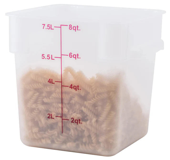Square Storage Container is an essential item for both home and commercial kitchens. Ideal for keeping fruits, vegetables, spices and more. Due to its break resistant polypropylene construction with build in handles, the container is extremely durable and withstands temperatures from -40°F to 160°F. Translucent container allows you to see what is inside of it for fast and efficient service. Blue gradations on the container assist in measuring food accurately.