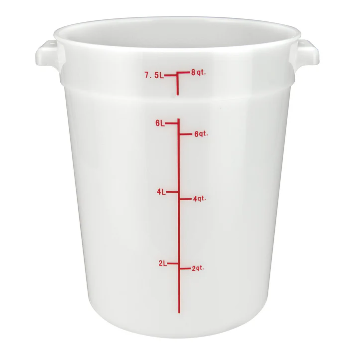 (12qt 12/Pack, 18qt 6/Pack, 1qt 12/Pack, 22qt 6/Pack, 2qt 12/Pack, 4qt 12/Pack, 6qt 12/Pack, 8qt 12/Pack) Round Storage Container is ideal for keeping fruits, vegetables, spices and more. Due to its white break resistant polypropylene construction with build in handles, the container is extremely durable and withstands temperatures from -40°F to 160°F. Red gradations on the container assist in measuring food accurately. This container's round design is ideal for compact stacking and storage.