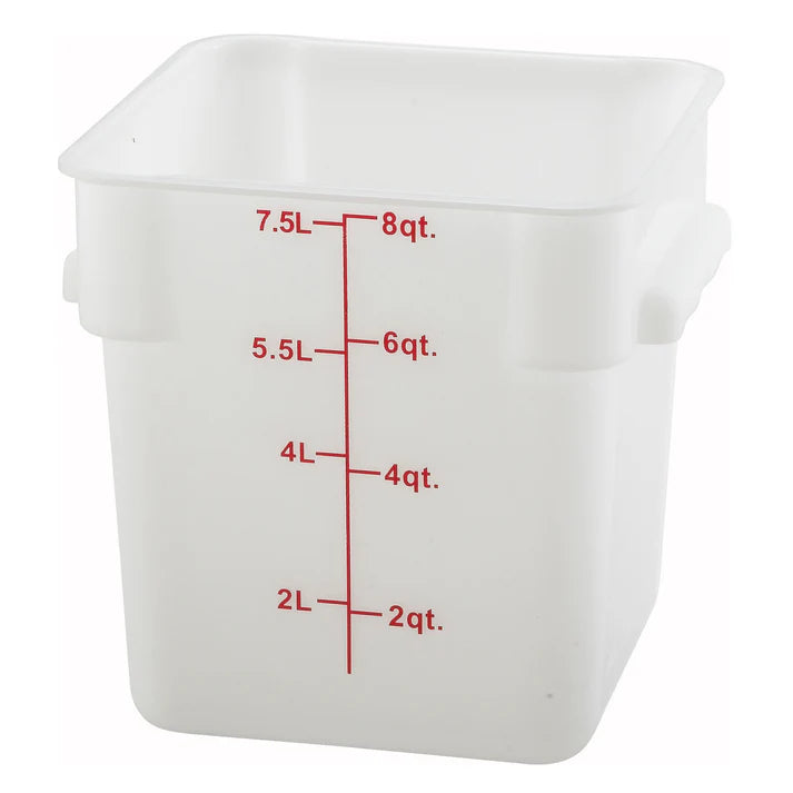 Square Storage Container is an essential item for both home and commercial kitchens. Ideal for keeping fruits, vegetables, spices and more. Due to its break resistant polypropylene construction with build in handles, the container is extremely durable and withstands temperatures from -40°F to 160°F. Translucent container allows you to see what is inside of it for fast and efficient service. Blue gradations on the container assist in measuring food accurately.