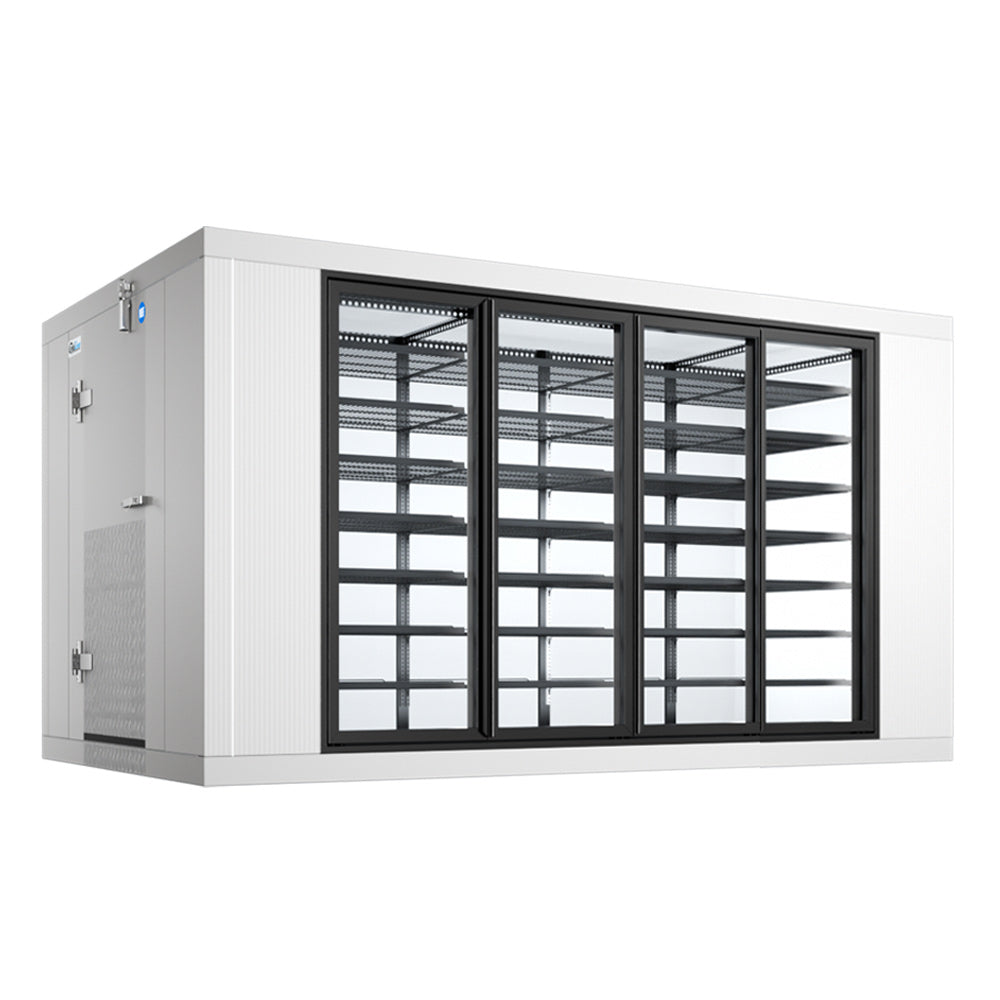 Coldline 8 x 14 four glass door walk-in merchandiser cooler box with floor for high-visibility refrigerated display and cold storage in grocery stores and commercial kitchens