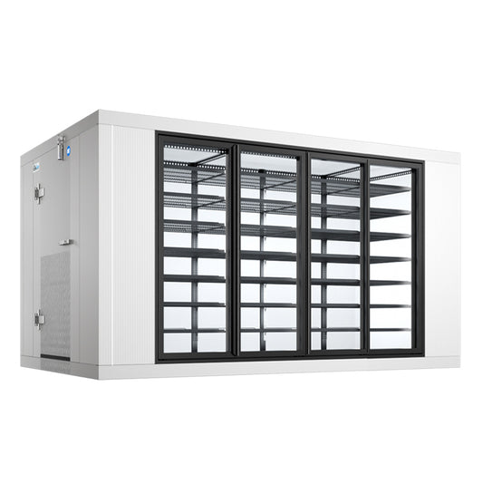 Coldline 8 x 14 four glass door walk-in merchandiser cooler box with floor for high-visibility refrigerated display and cold storage in grocery stores and commercial kitchens