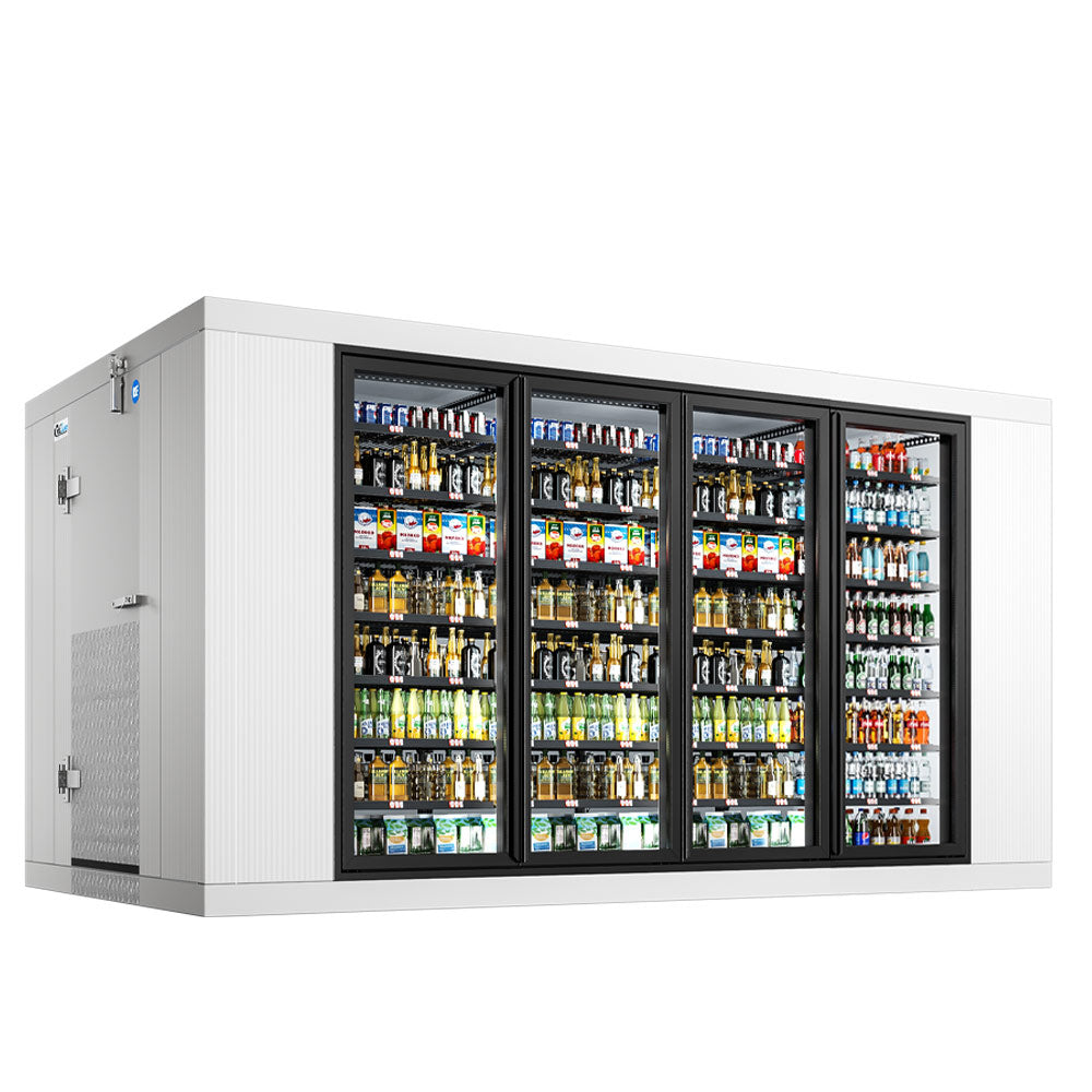 Coldline 8 x 14 four glass door walk-in merchandiser cooler box with floor for high-visibility refrigerated display and cold storage in grocery stores and commercial kitchens