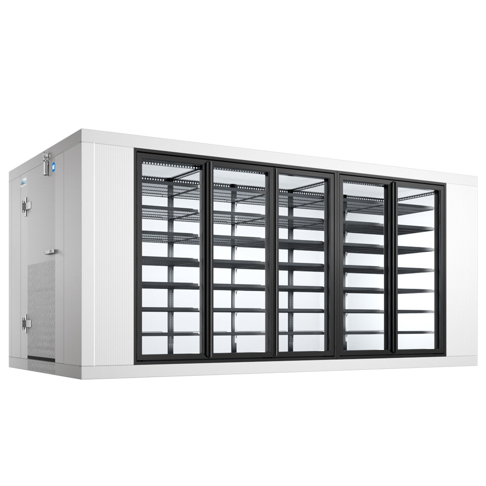 Coldline 8 x 16 five glass door walk-in merchandiser cooler box with floor for high-visibility refrigerated display and cold storage in grocery stores and commercial kitchens