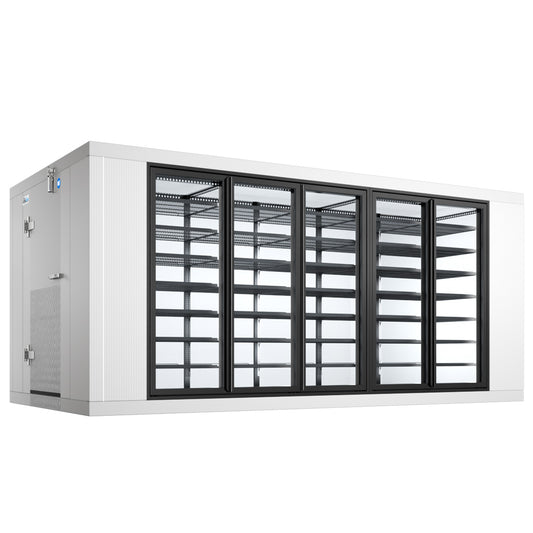 Coldline 8 x 16 five glass door walk-in merchandiser cooler box with floor for high-visibility refrigerated display and cold storage in grocery stores and commercial kitchens