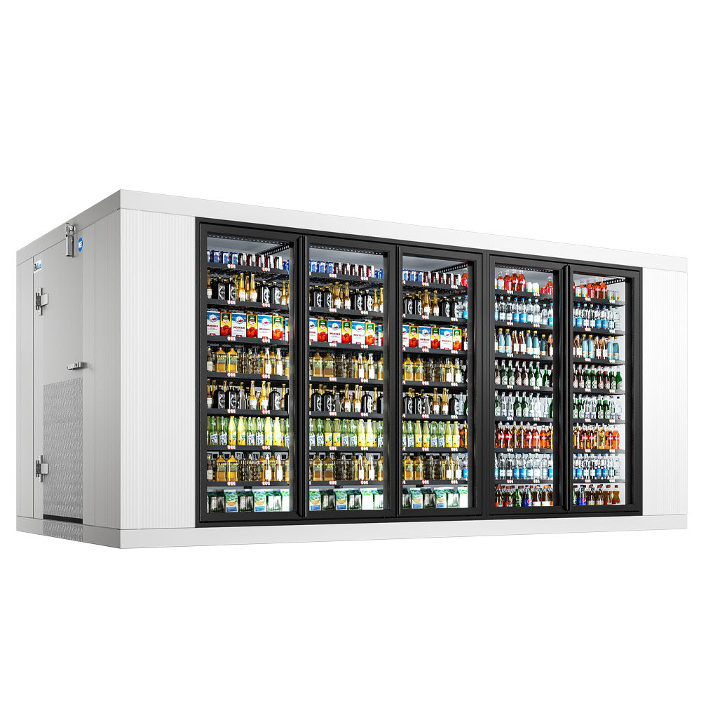 Coldline 8 x 16 five glass door walk-in merchandiser cooler box with floor for high-visibility refrigerated display and cold storage in grocery stores and commercial kitchens