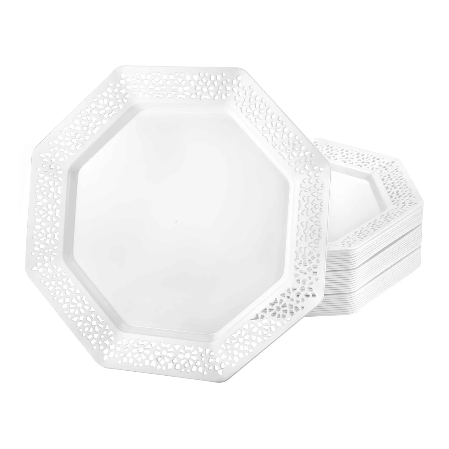 Lacetagon Pearl Plates in 7.5", 9.25", and 11" sizes; elegant disposable design for weddings, parties, and special events