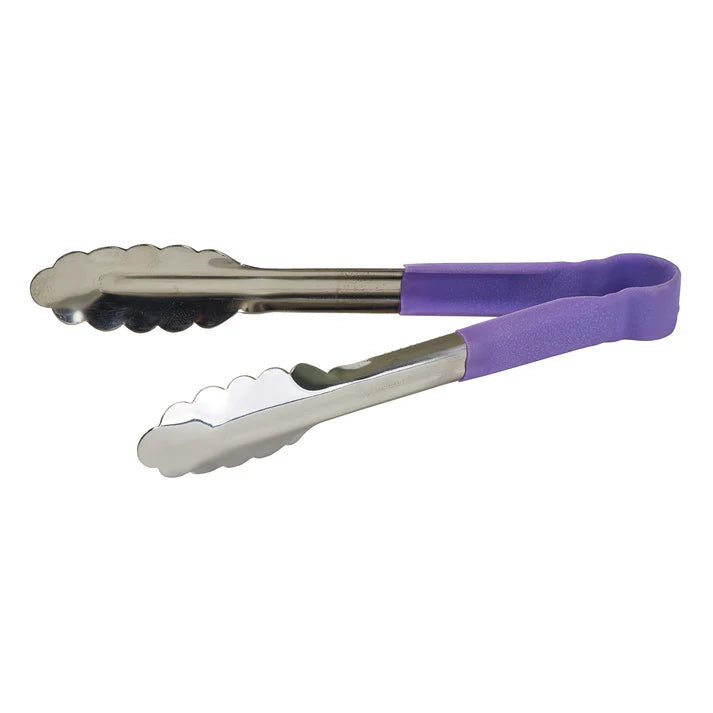 (12", 16", 9") Utility Tong 6/Pack features a long heavy-duty stainless steel utility tong and a Purple heat-resistant polypropylene coated handle. Purple color-coded tools are often designated as items that should not be used with the most common allergens (milk, eggs, peanuts, tree nuts, wheat, soy, fish, or shellfish). These tongs feature a texturized non-slip polypropylene handle that is heat-resistant up to 220 degrees F.&nbsp;