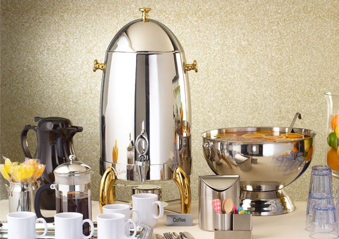 Winco 903A-905B 3 & 5-Gal Coffee Urn, Gold Accent & Stainless Steel