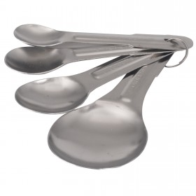 4-piece stainless steel  stanton trading measuring spoon set includes 1/4 tsp, 1/2 tsp, 1 tsp, and 1 tbsp. designed for durability and precision, the spoons are connected by a convenient ring to keep them together and organized. The sturdy stainless steel construction ensures long-lasting use, making them an essential tool for any kitchen.