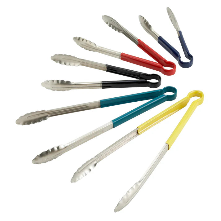 (Blue, Green, Black, Red, Yellow - 12", 16", 9") Utility Tong 12/Pack color-coded handles on these utility tongs are designed to help you develop your own color-coded program to promote safety and reduce the risk of cross-contamination. Long heavy-duty stainless steel utility tongs from Winco that feature a heavy-duty plastic handle. These tongs are designed especially for cold food service and they have scalloped edges.