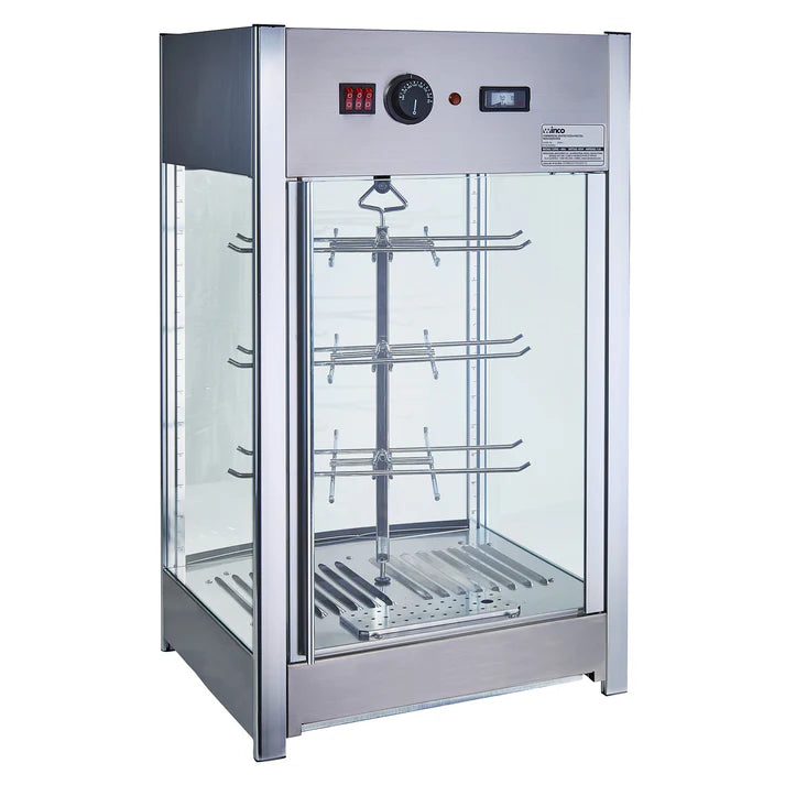 Electric Display Merchandiser 1/Pack maintain a consistent temperature and humidity around the foods ensuring pizza stays at the ideal serving temperature and moisture. The racks rotate to ensure even heating. Has a black powder-coated exterior and stainless steel interior. Clear view tempered glass on all sides ensure an appetizing appearance from any angle. A rear door quickly opens and closes minimizing temperature fluctuations. LED lights illuminate the interior ensuring high visibility. Removable crumb
