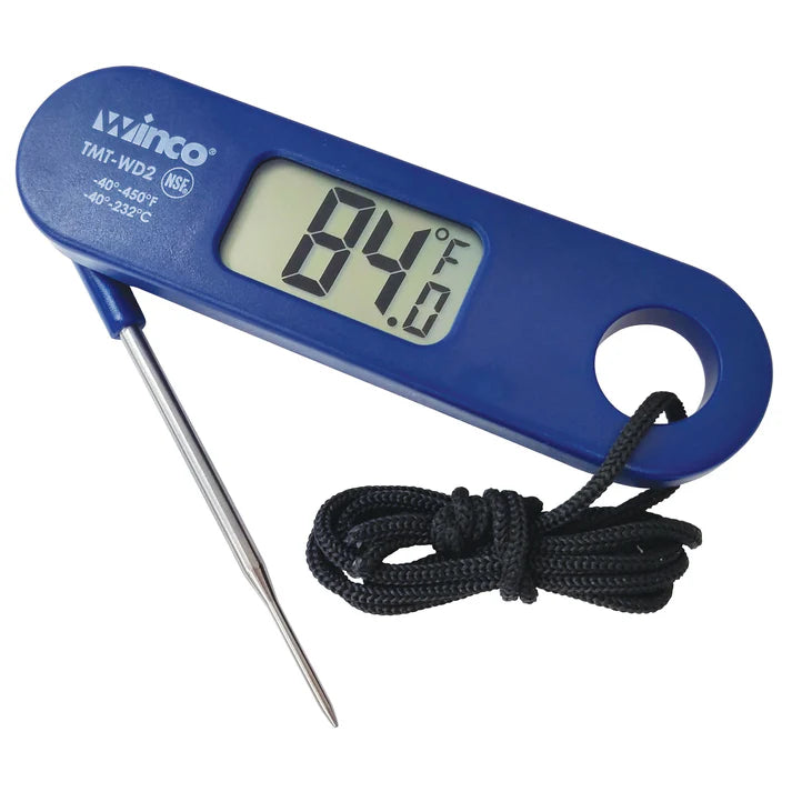  Digital Thermometer 12/Pack has a folding probe that makes it easy to store in your kitchen drawer. The 1.5mm diameter probe is perfect for measuring the temperature of meat, fish, or poultry, ensuring that your food is cooked to the right temperature every time. A temperature range of -40° to 450°F. The large digital display is easy to read, even in low light conditions. 