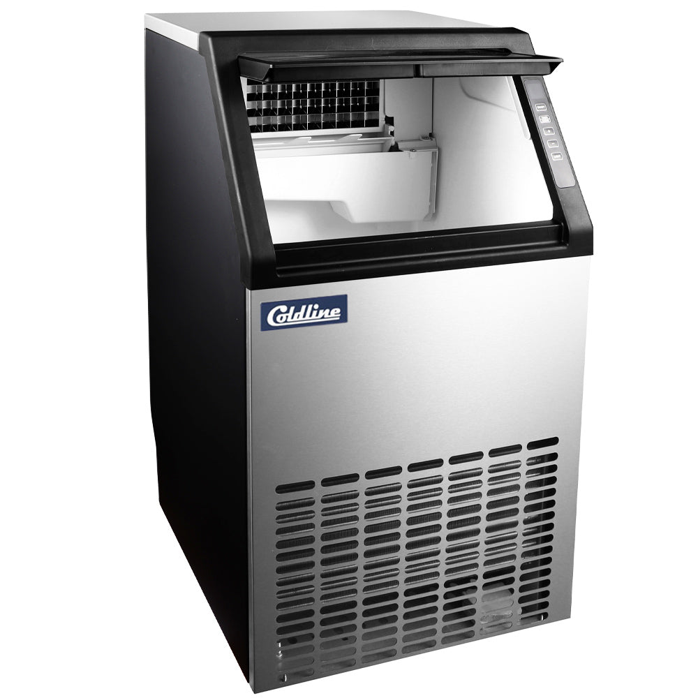 Coldline EIC100 18-inch commercial crescent ice machine producing up to 100 lb of ice per day, air-cooled design ideal for restaurants, bars, cafés, and foodservice operations.